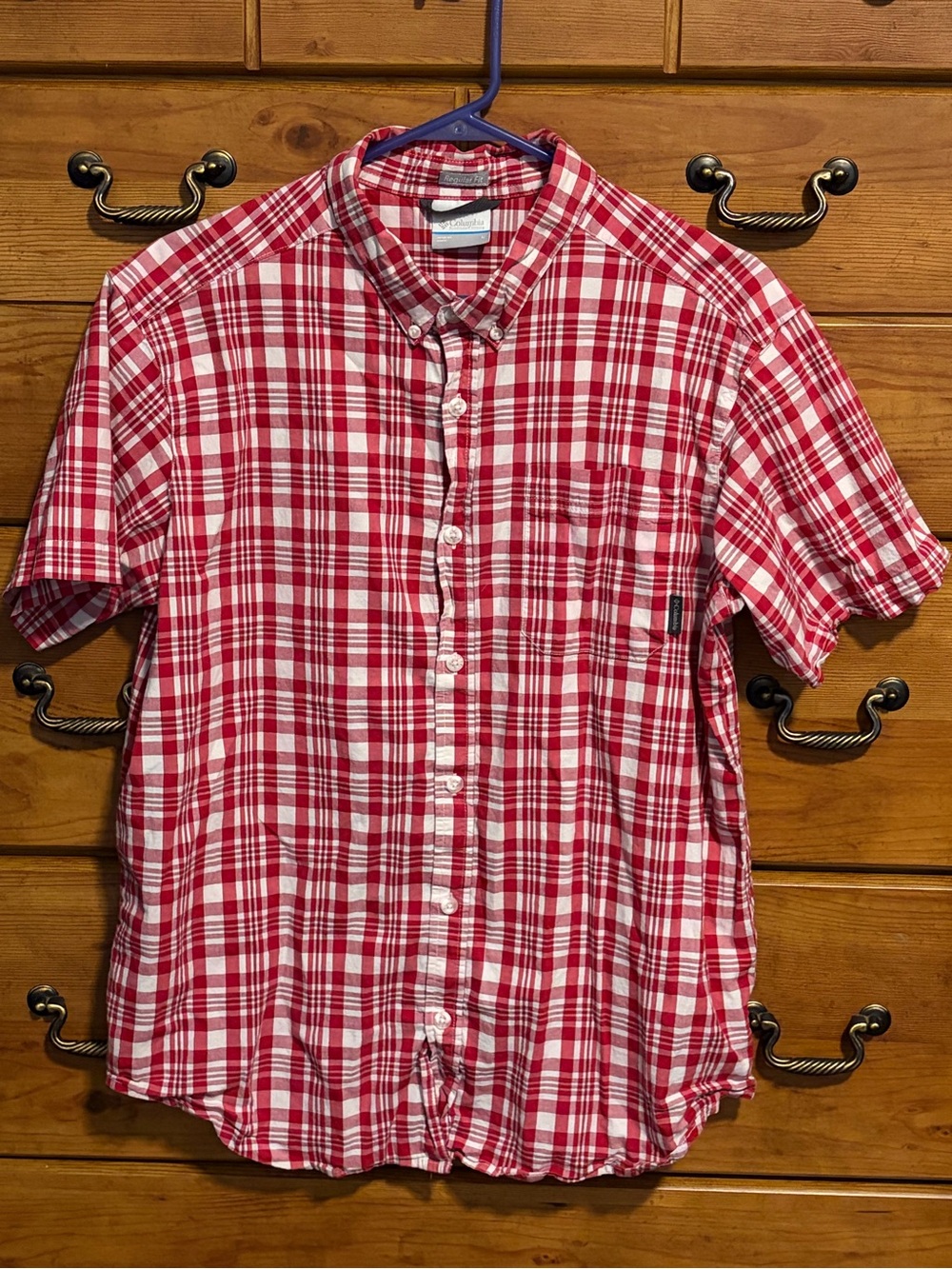 Columbia Red and White Plaid Short-Sleeve Button-Down Shirt